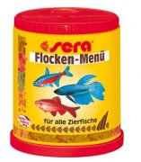 SERA FLAKE-MENU - хлопьевидный корм для всех видов рыб содержит 4 вида: базовый, растительный, для улучшения окраса, для энергии 150мл