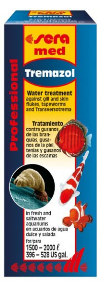 SERA TREMAZOL (Тремазол) высокоэффективное лекарство для борьбы с жаберными и кожными червями, ленточными и плоскими червями рода Transversotrema в пресноводных и морских аквариумах на 1500-2000л 100мл - Кликните на картинке чтобы закрыть