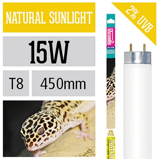 Arcadia Reptile 15W D3 Natural Sunlight 2% UV-B / 10% UV-A Люминесцентная лампа Природный Солнечный свет для Рептилий и Членистоногих Т8 15Вт 45 см диам 26мм - Кликните на картинке чтобы закрыть