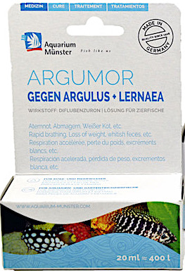 AQUARIUM MUNSTER ARGUMOR Эффективное лекарство для лечения Морских и Пресноводных декоративных рыб от карпоедов (Argulus), якорных червей (Lernaea), кожных червей (Gyrodactylus), жаберных червей (Dactylogyrus) и ленточных червей (Cestodes) 20мл на 400л - Кликните на картинке чтобы закрыть