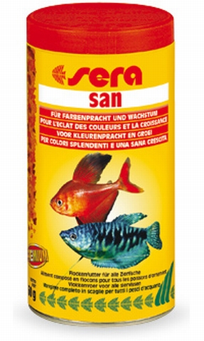 SERA SAN - хлопьевидный корм для ежедневного кормления и улучшения окраски всех видов декоративных рыб 100мл - Кликните на картинке чтобы закрыть