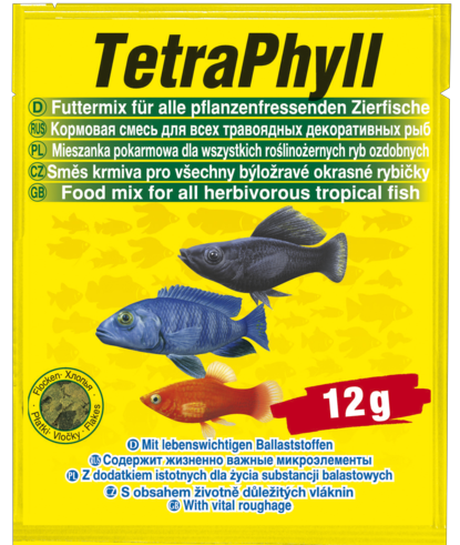 TetraPhyll - растительные хлопья травоядных рыб - гуппи, пецилий, африканских цихлид, пакетик 12г - Кликните на картинке чтобы закрыть